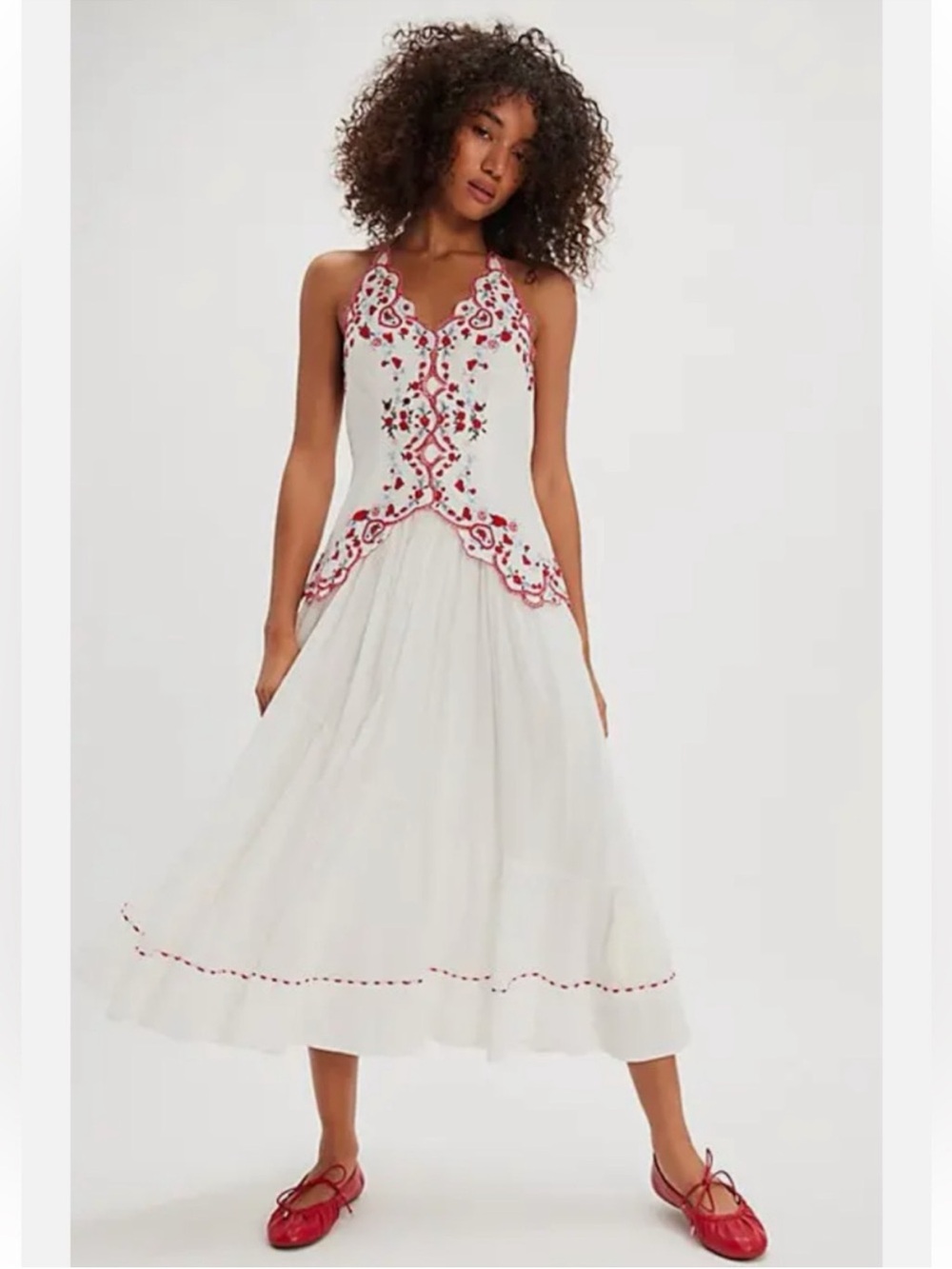 Free People White Midi Dress with Red Embroidery